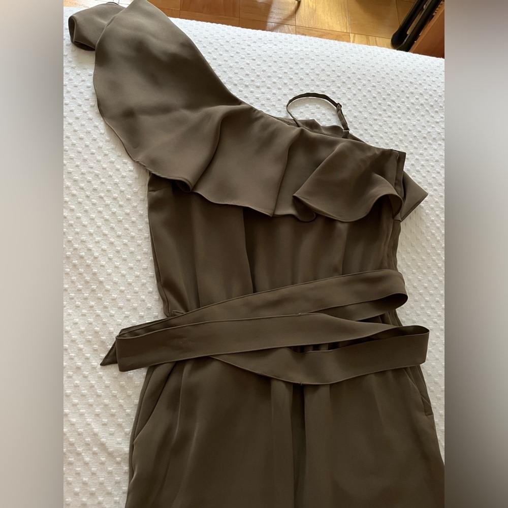 H&M Green Khaki One-Shoulder Tiered Cocktail Jumpsuit